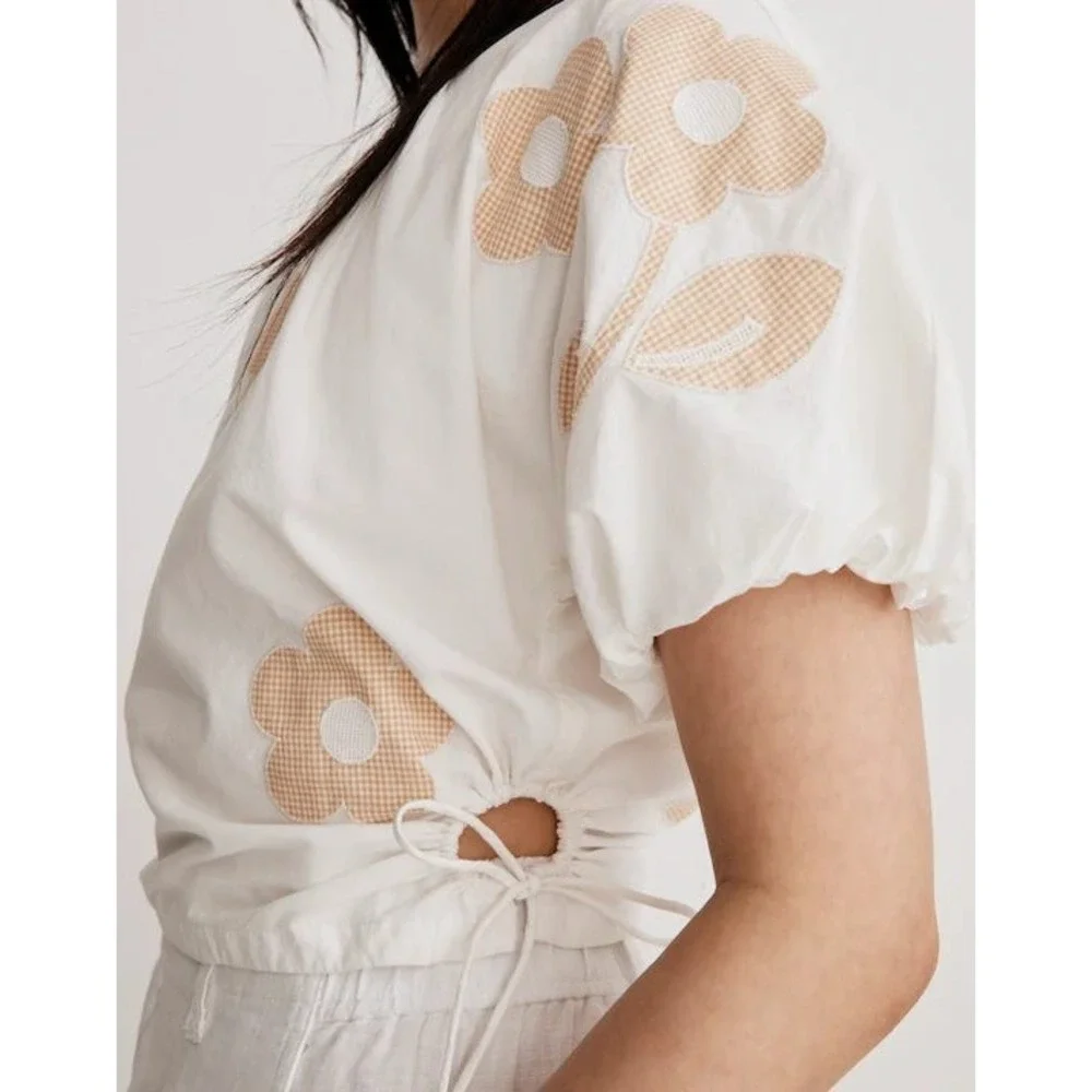 Madewell White Embroidered Flower Poplin Puff Sleeve Cutout Crop top Size Medium